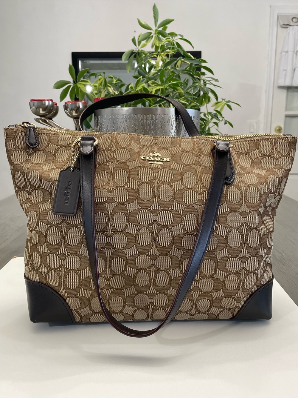 Coach Brown Signature Canvas Tote with Dark Brown Leather Trim